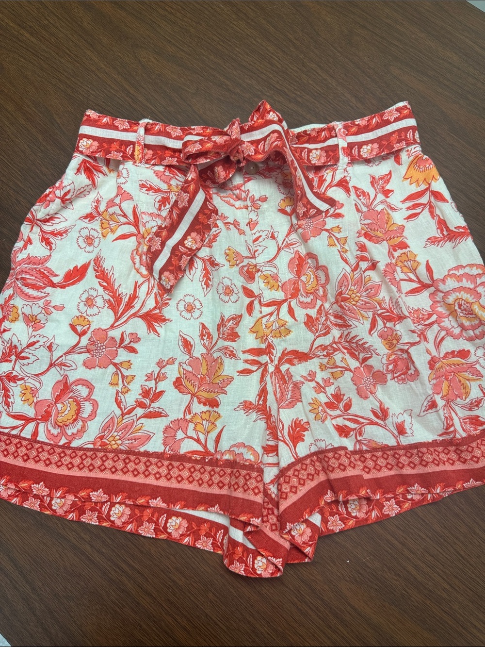Rachel Zoe Red & Yellow Floral High-Waist LINEN Tie Shorts